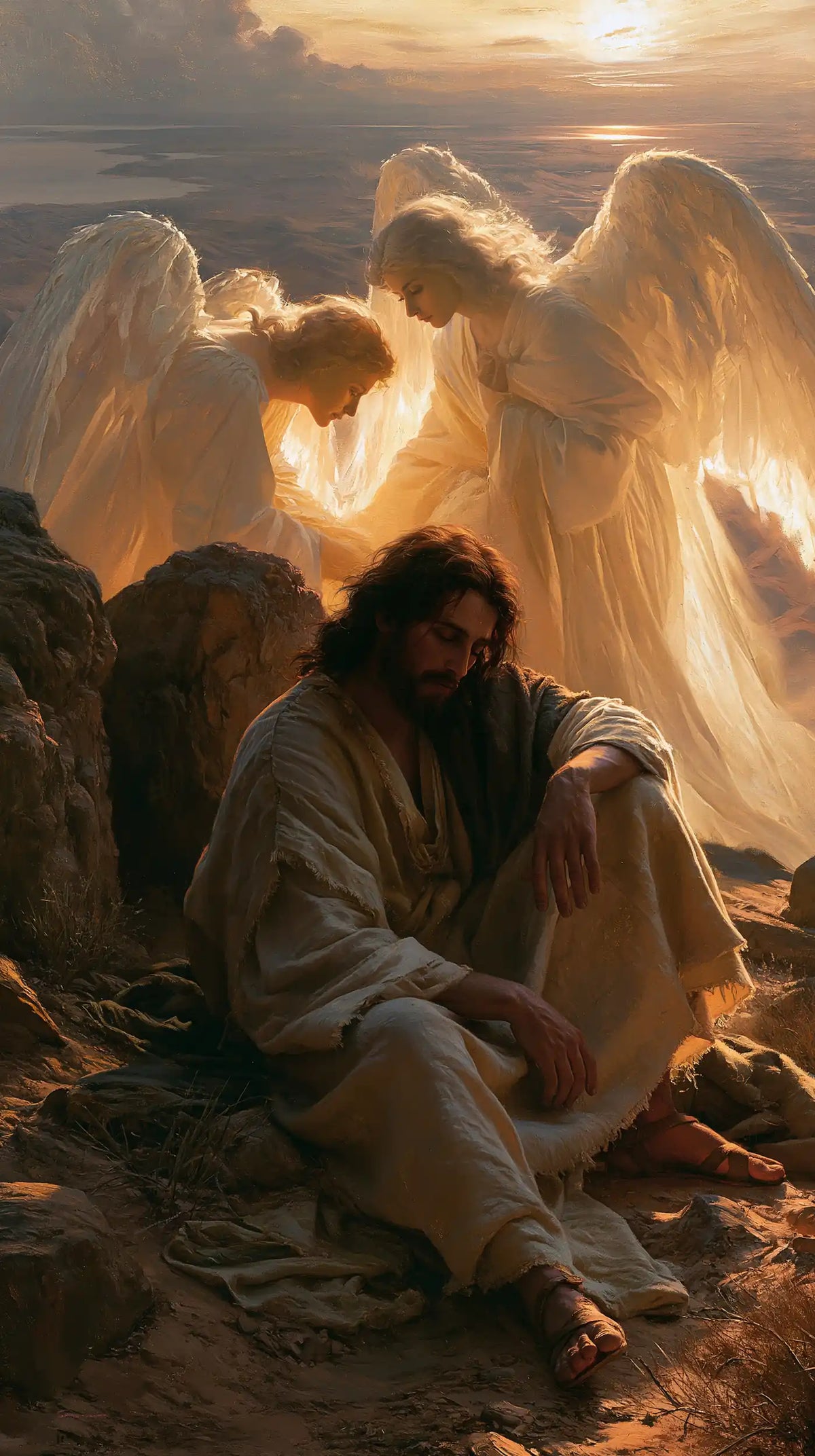 angels ministering to Jesus after the temptation in Angels After the Temptation style, portrait Christian artwork no. 14
