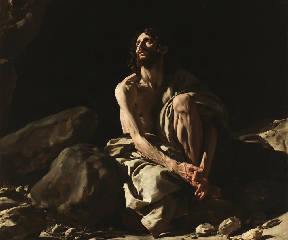 Jesus in the desert during the temptation in Caravaggio Tenebrism style, landscape Christian artwork no. 4