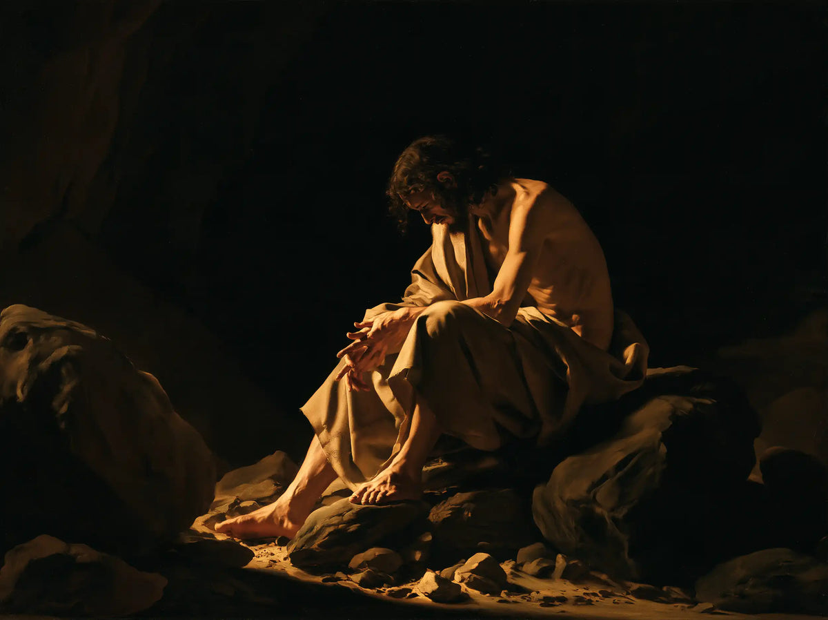 Jesus in the desert during the temptation in Caravaggio Tenebrism style, landscape Christian artwork no. 11