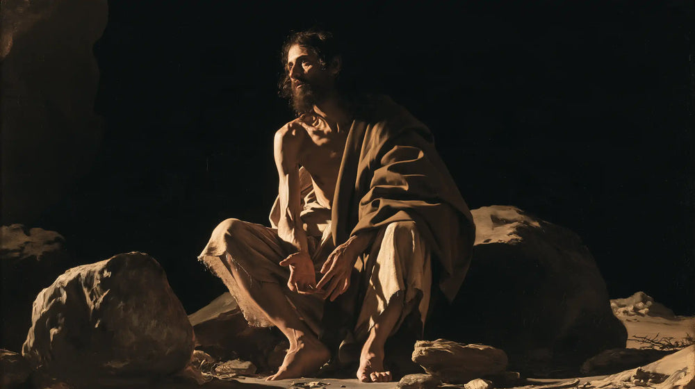 Jesus in the desert during the temptation in Caravaggio Tenebrism style, landscape Christian artwork no. 19