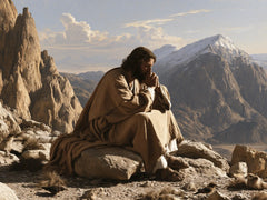 Jesus in the Desert — Prayer Before the Snow-Capped Mountain