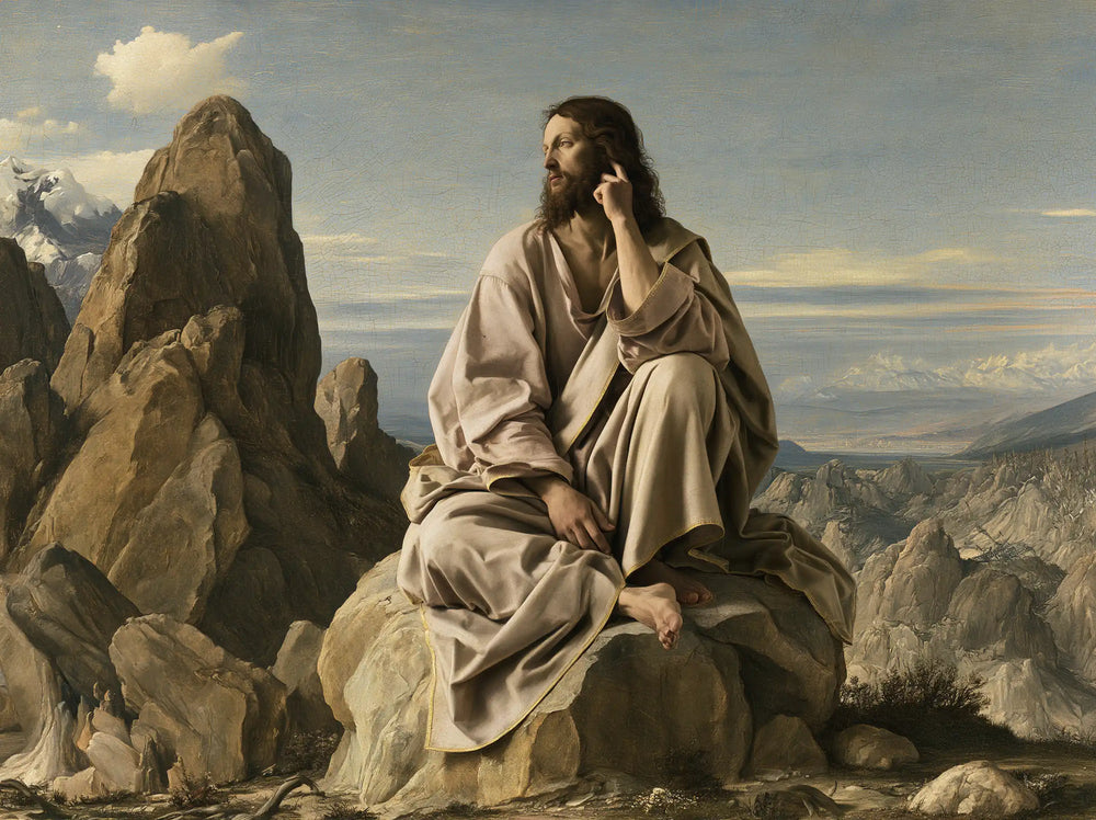 Jesus in the desert during the temptation in Florentine Renaissance style, landscape Christian artwork no. 12