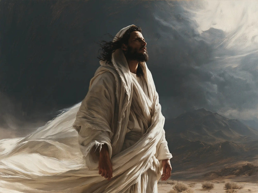 Jesus confronting an inner spiritual struggle in the desert in The Inner Struggle style, landscape Christian artwork no. 6