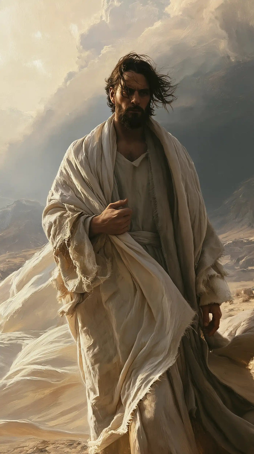 Jesus confronting an inner spiritual struggle in the desert in The Inner Struggle style, portrait Christian artwork no. 9