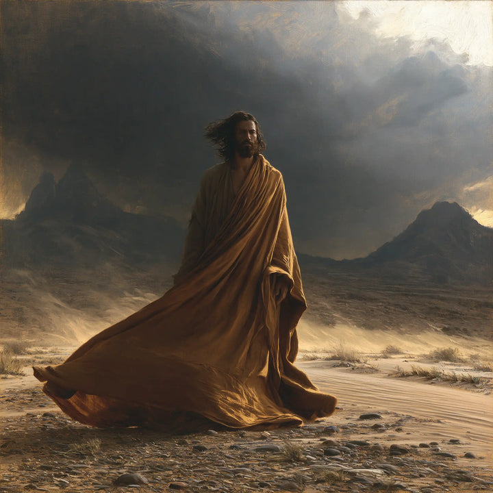 Jesus in the Desert — Ochre Unfurled beneath the Storm