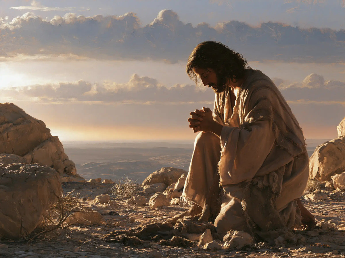 Jesus in the Desert — Hands beneath Pearly Clouds