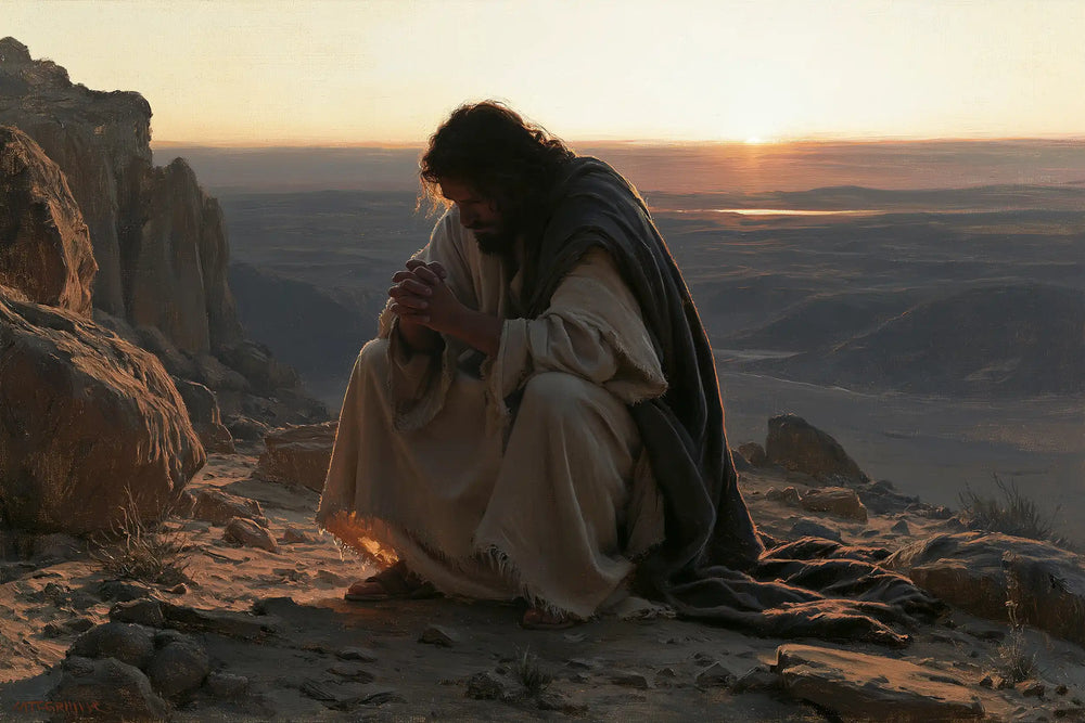Jesus praying alone in the desert in Jesus in Prayer style, landscape Christian artwork no. 16