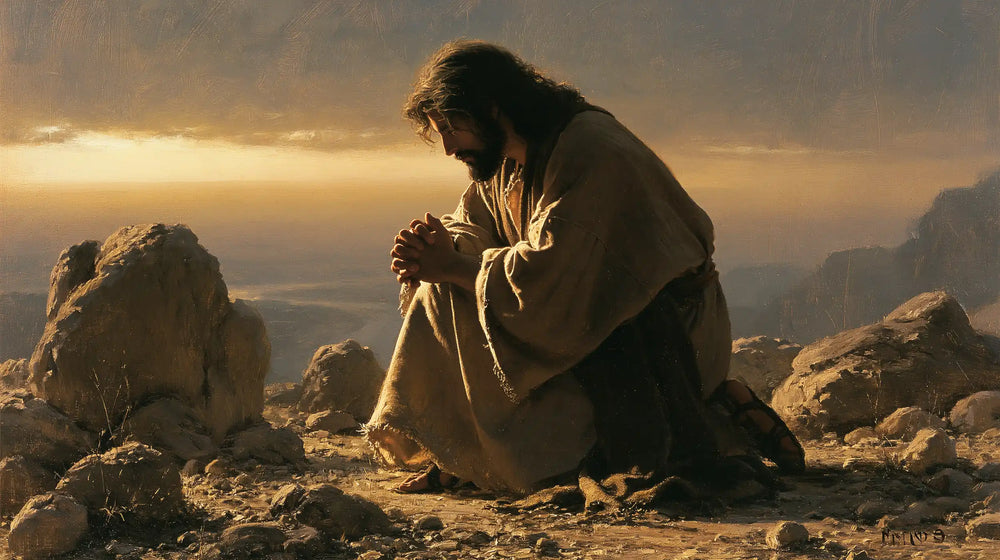 Jesus praying alone in the desert in Jesus in Prayer style, landscape Christian artwork no. 18