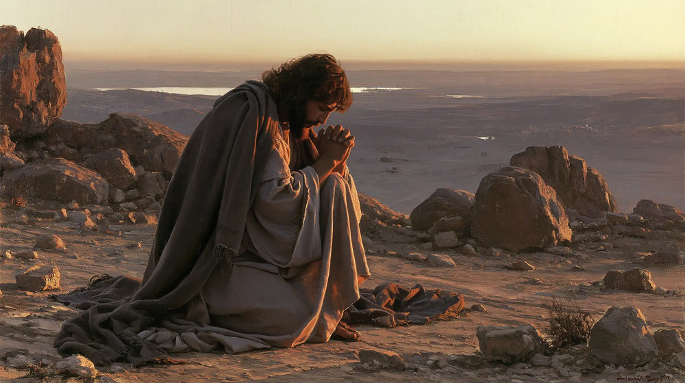 Jesus praying alone in the desert in Jesus in Prayer style, landscape Christian artwork no. 20