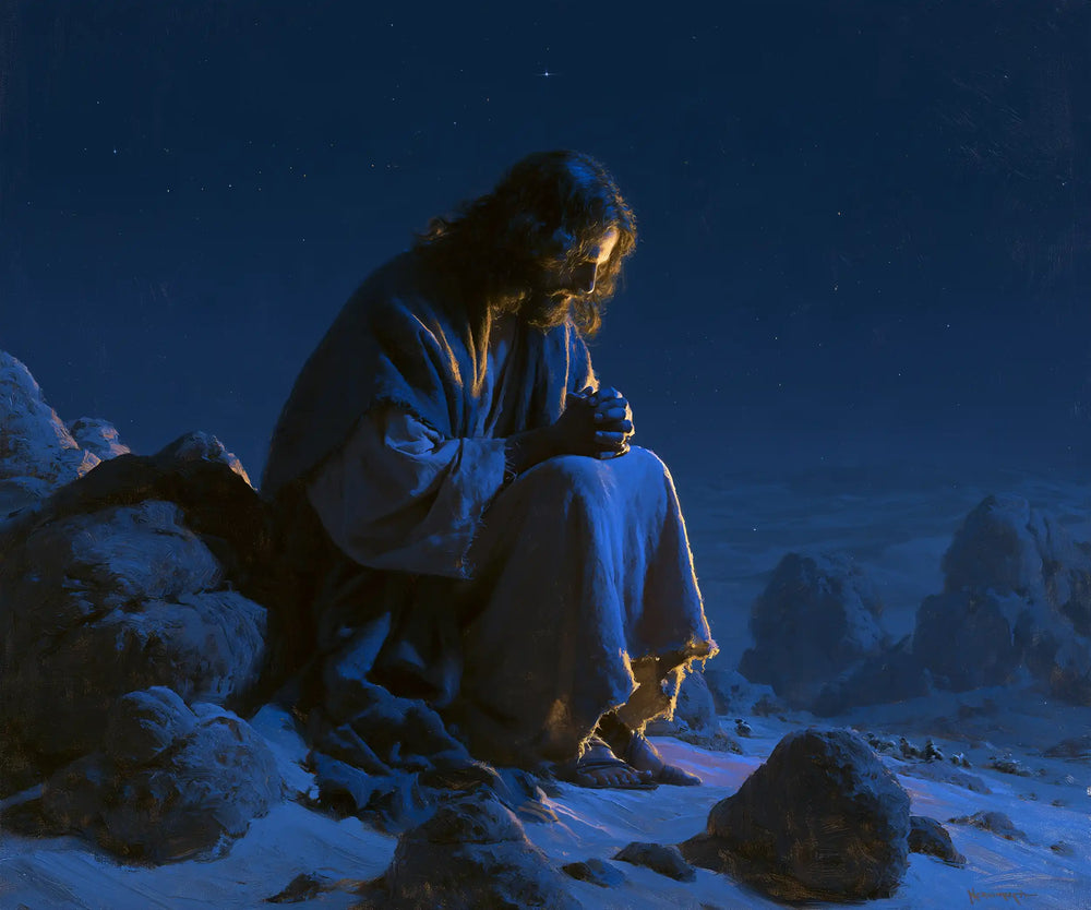 Jesus in the desert during the temptation in Midnight Blue Chiaroscuro style, landscape Christian artwork no. 1