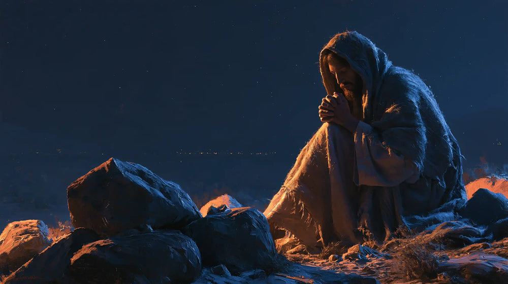 Jesus in the desert during the temptation in Midnight Blue Chiaroscuro style, landscape Christian artwork no. 15