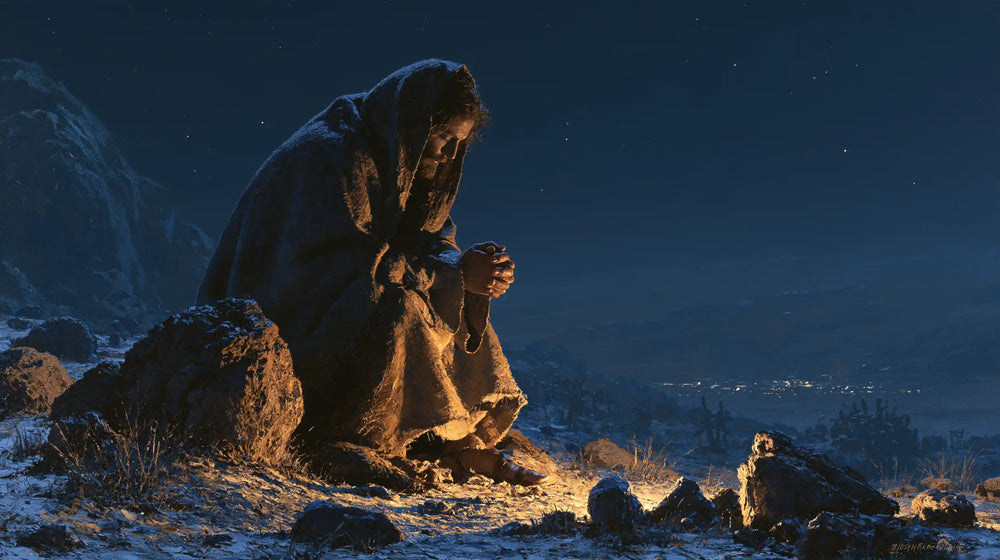 Jesus in the desert during the temptation in Midnight Blue Chiaroscuro style, landscape Christian artwork no. 16