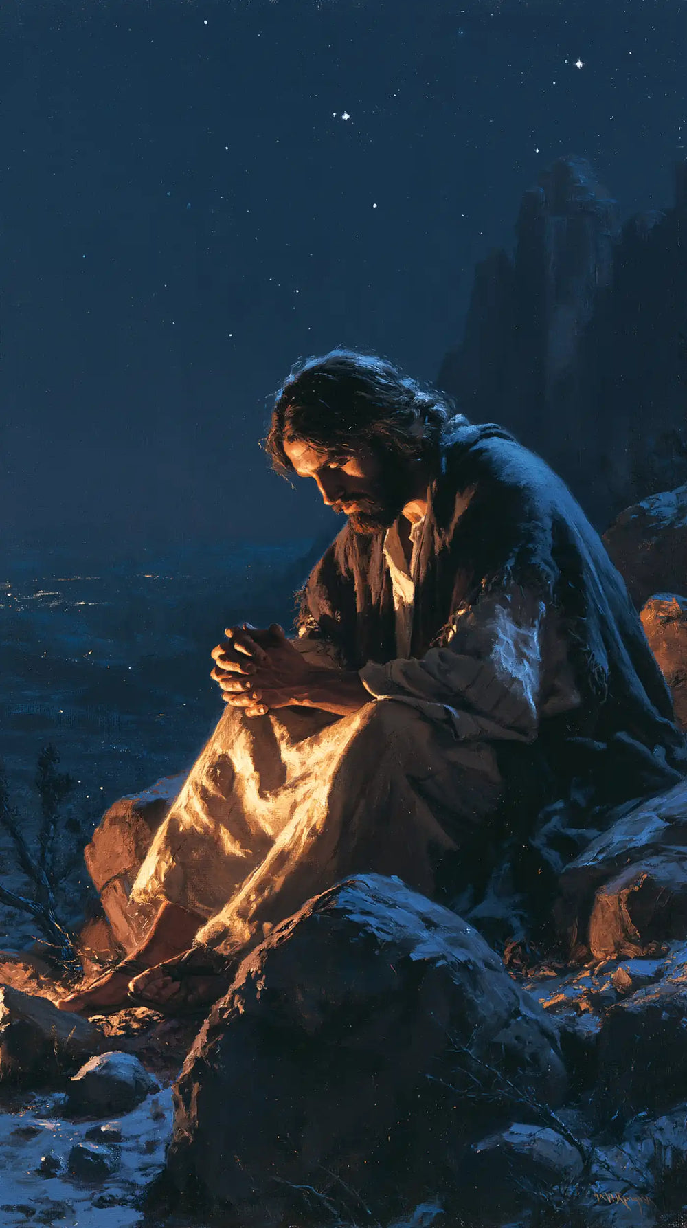 Jesus in the desert during the temptation in Midnight Blue Chiaroscuro style, portrait Christian artwork no. 9
