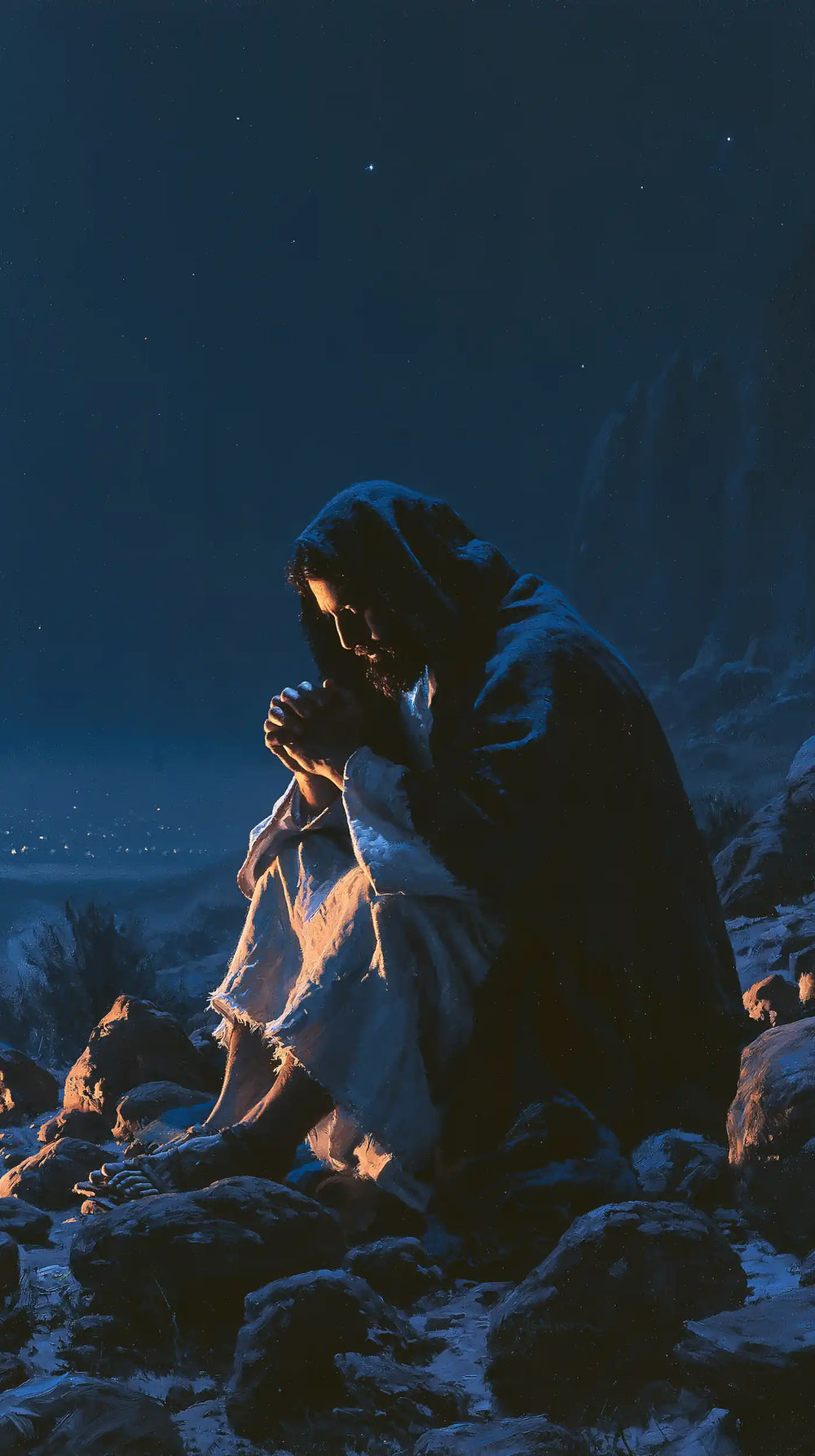 Jesus in the desert during the temptation in Midnight Blue Chiaroscuro style, portrait Christian artwork no. 10
