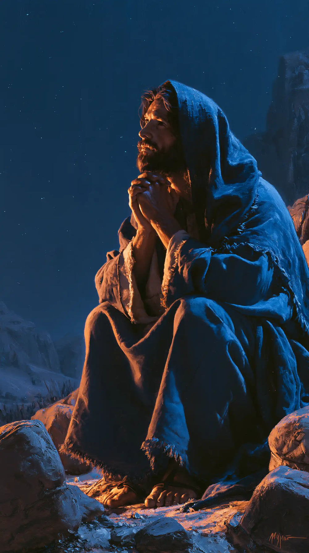 Jesus in the desert during the temptation in Midnight Blue Chiaroscuro style, portrait Christian artwork no. 12