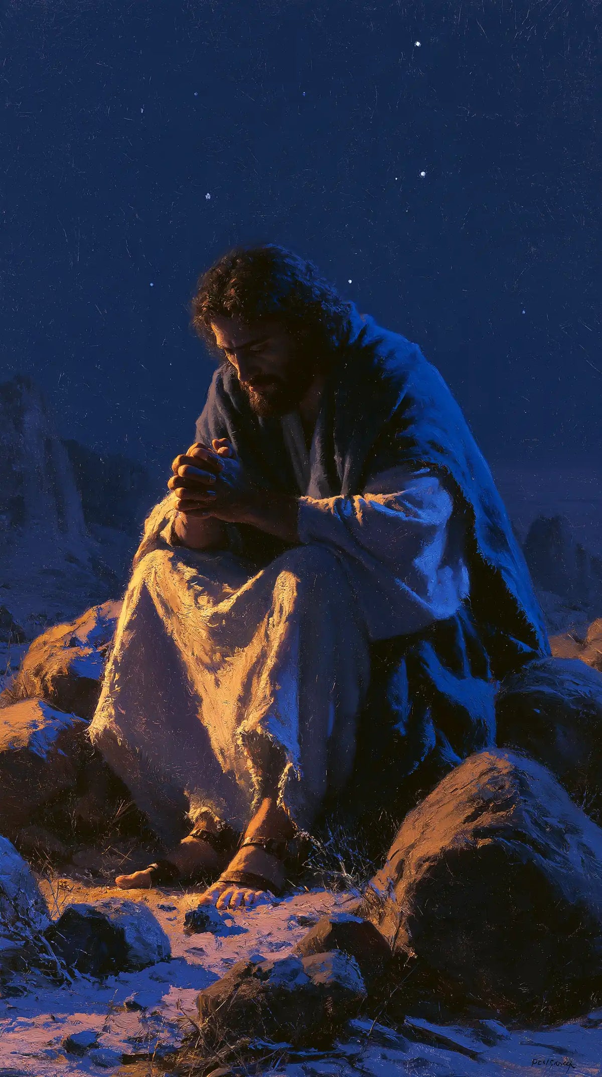 Jesus in the Desert — Golden Folds beneath the Cold Stars