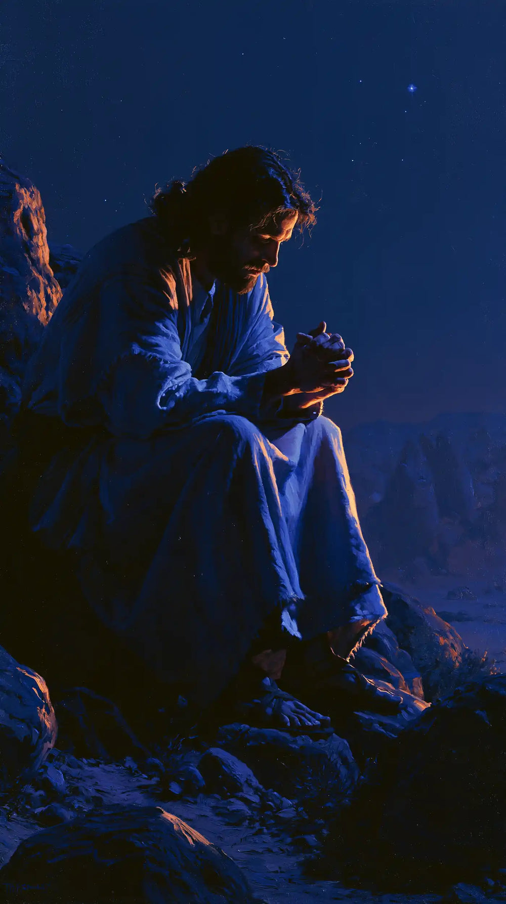 Jesus in the desert during the temptation in Midnight Blue Chiaroscuro style, portrait Christian artwork no. 22