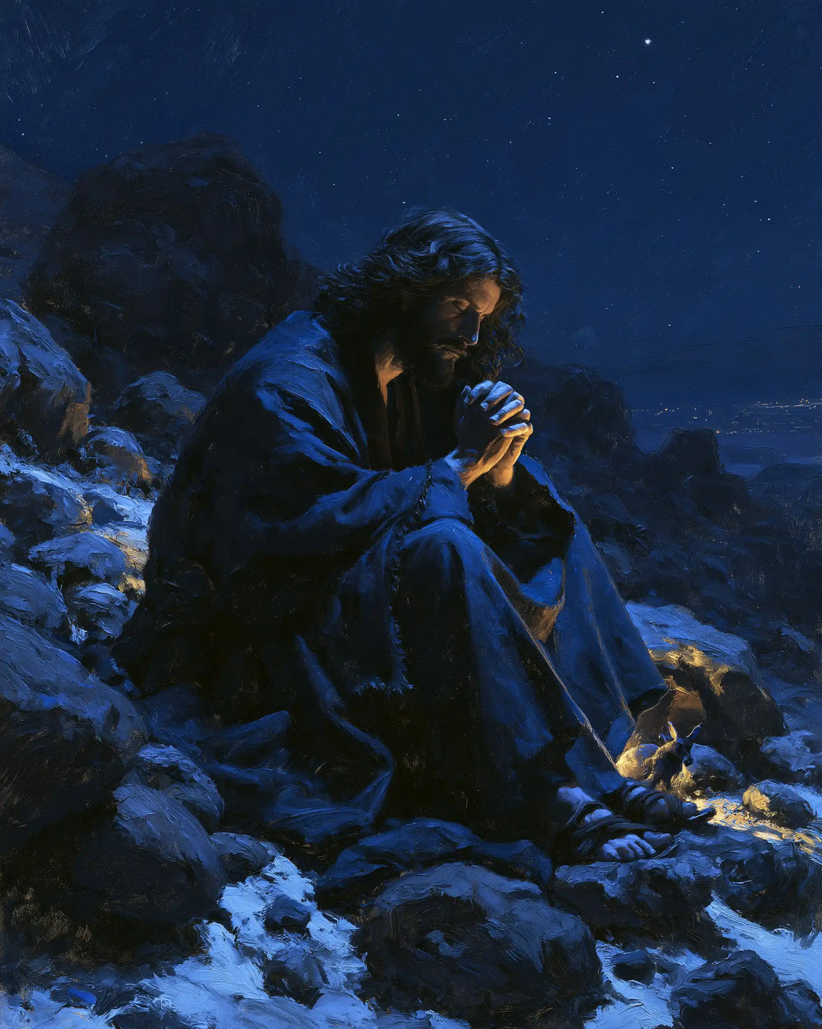 Jesus in the Desert — The Deep Blue of Hands in Prayer