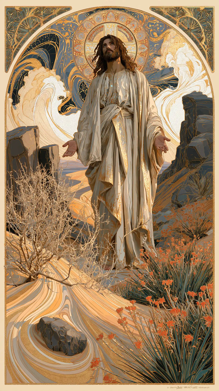 Jesus in the Desert — Pale Linen upon the Path of Scrolls