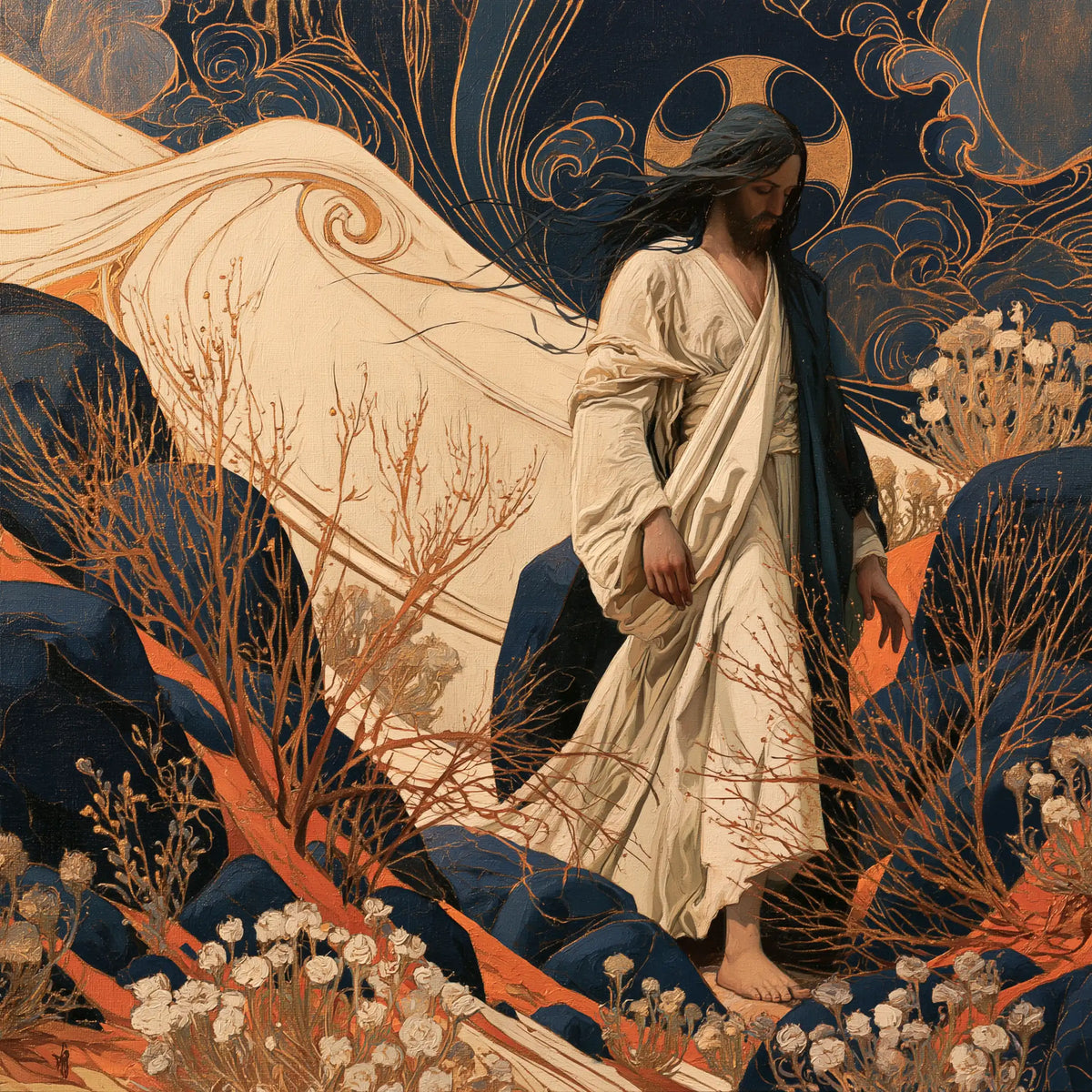 Jesus in the desert during the temptation in Sacred Art Nouveau style, square Christian artwork no. 3