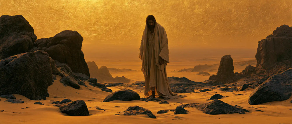 Jesus in the desert during the temptation in Sacred Gold style, landscape Christian artwork no. 19