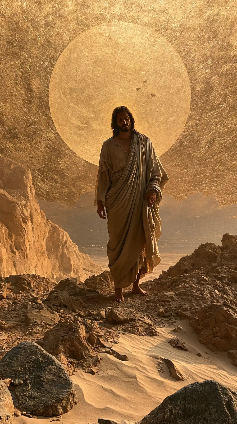 Jesus in the desert during the temptation in Sacred Gold style, portrait Christian artwork no. 2