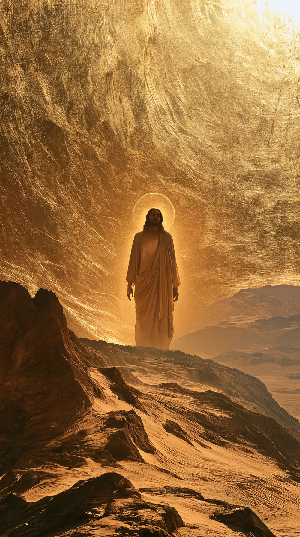 Jesus in the desert during the temptation in Sacred Gold style, portrait Christian artwork no. 18