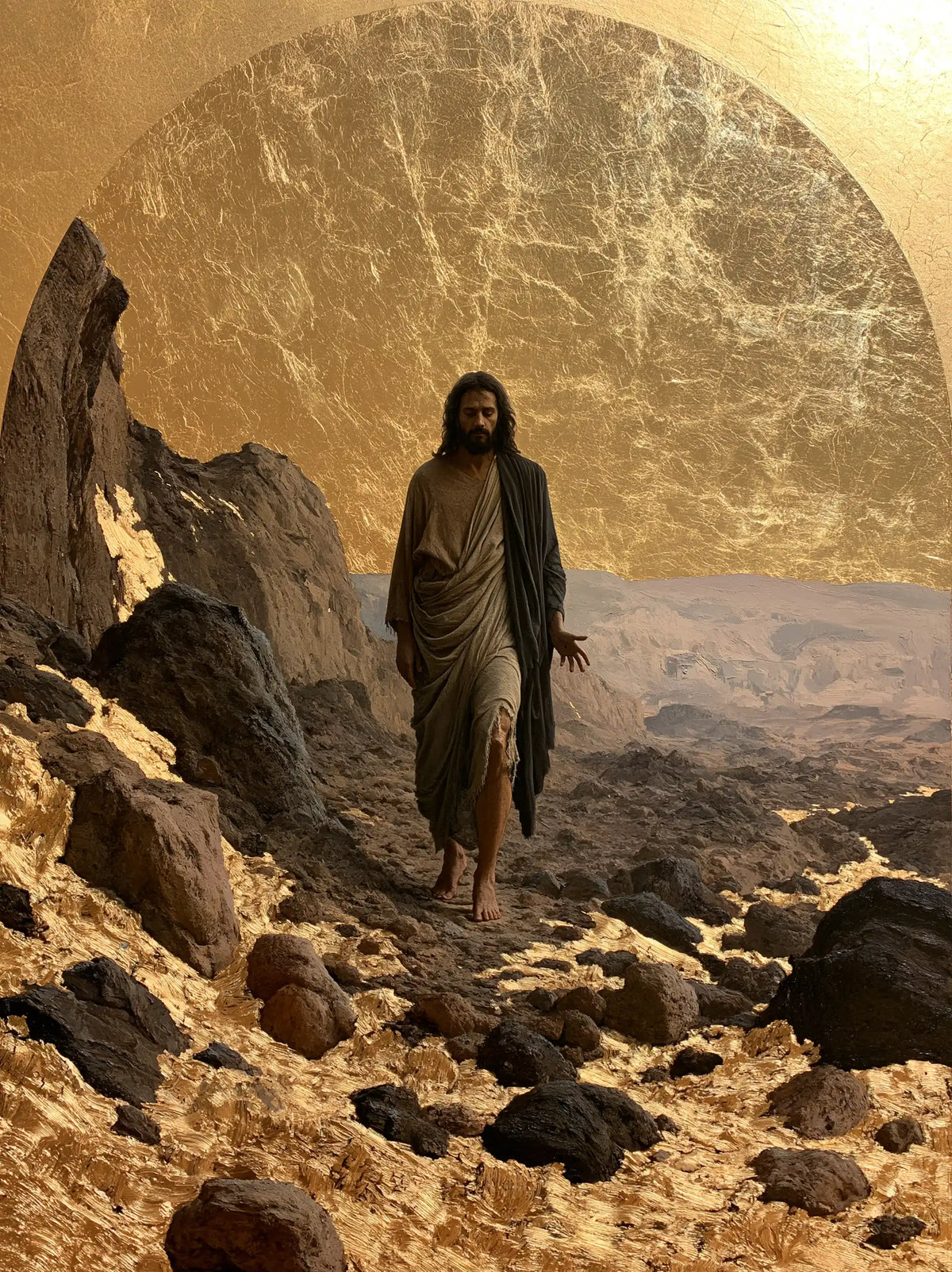 Jesus in the desert during the temptation in Sacred Gold style, portrait Christian artwork no. 23