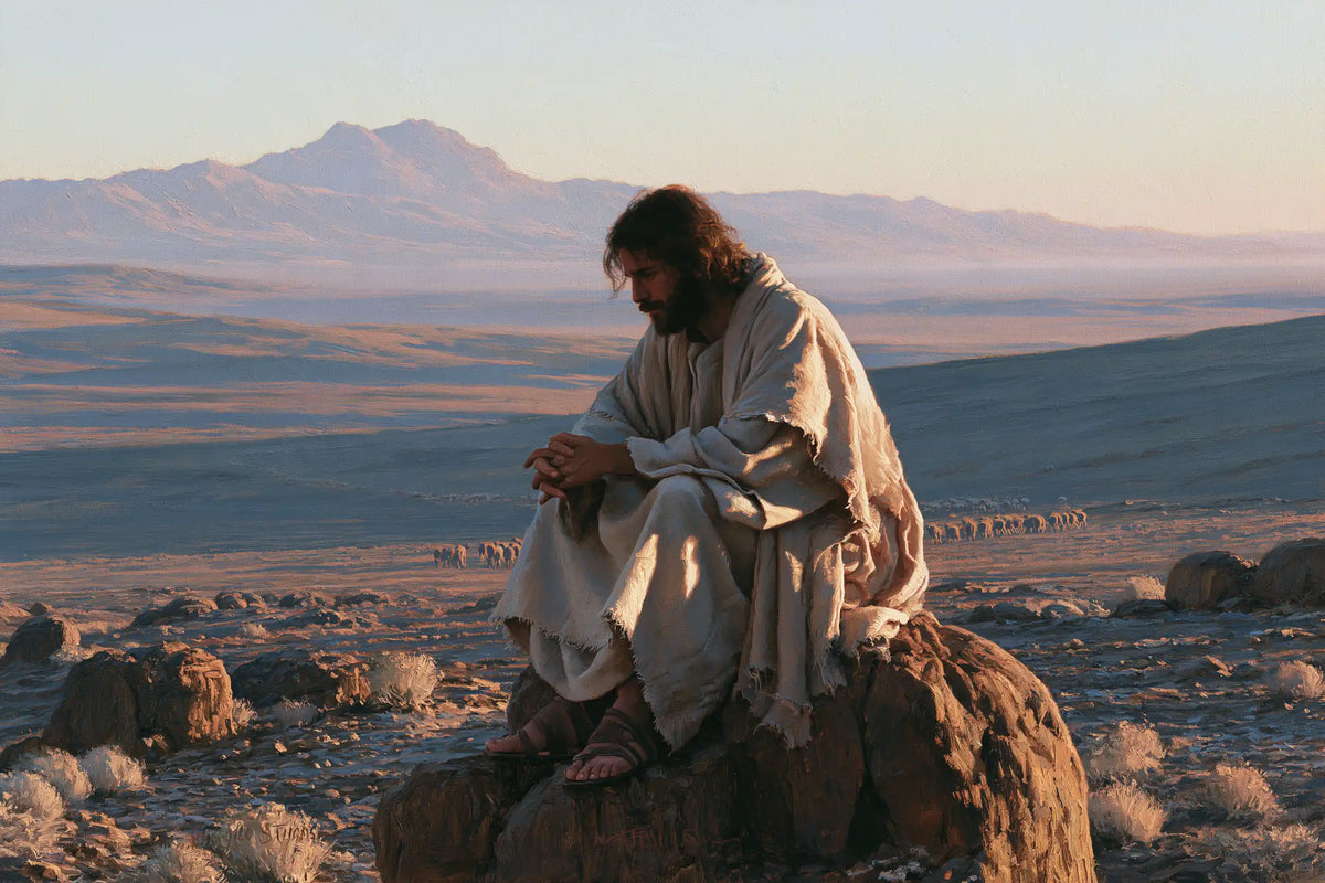 Jesus in the Desert — Seated Prayer before the Rosy Mountains