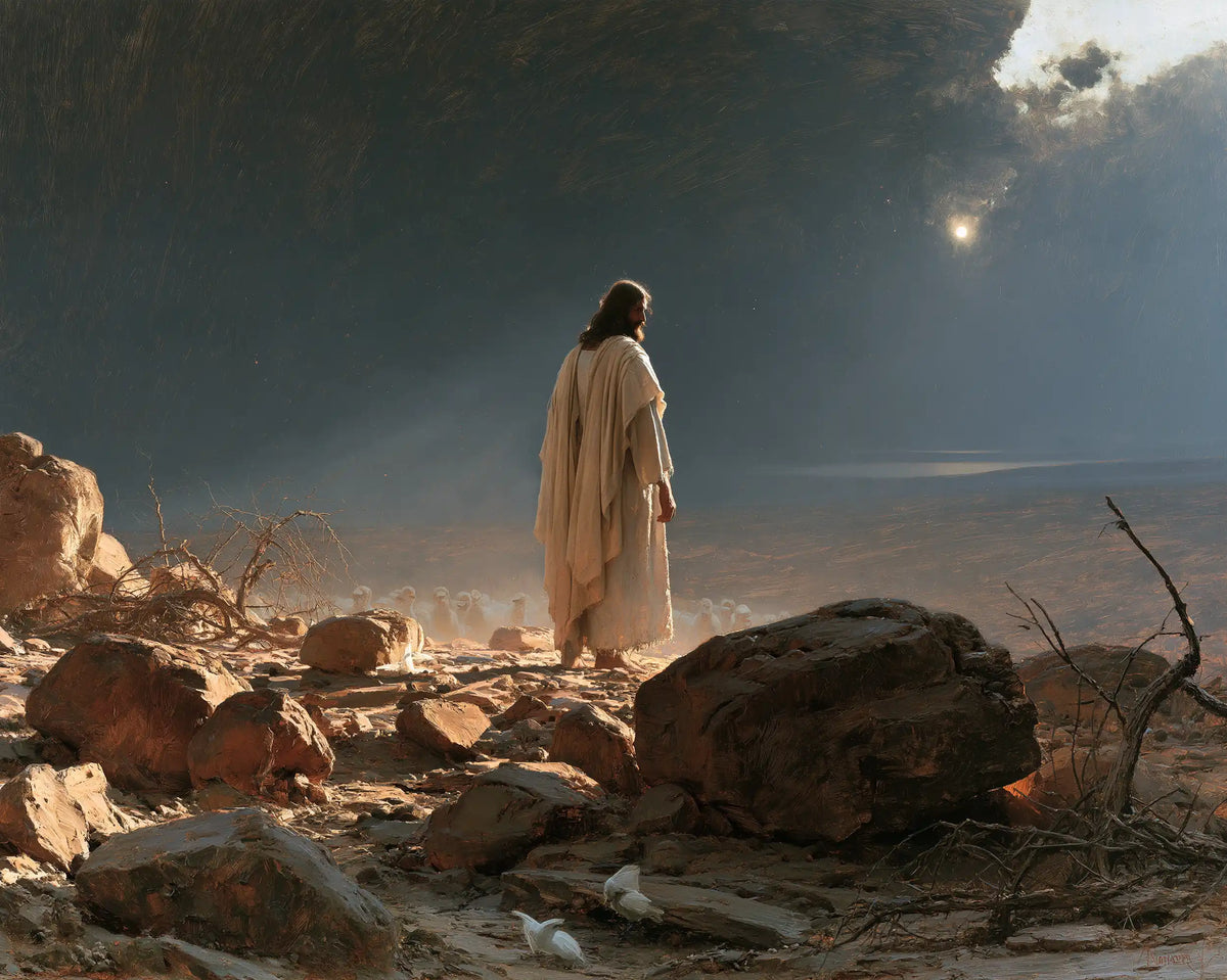 Jesus in the Desert — Golden Dust around the Still Footstep