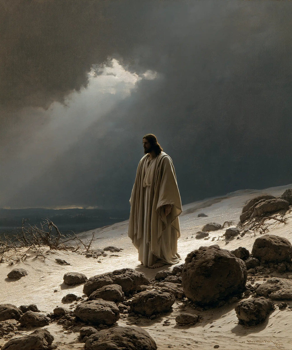 Jesus in the desert during the temptation in Symbolist style, portrait Christian artwork no. 38