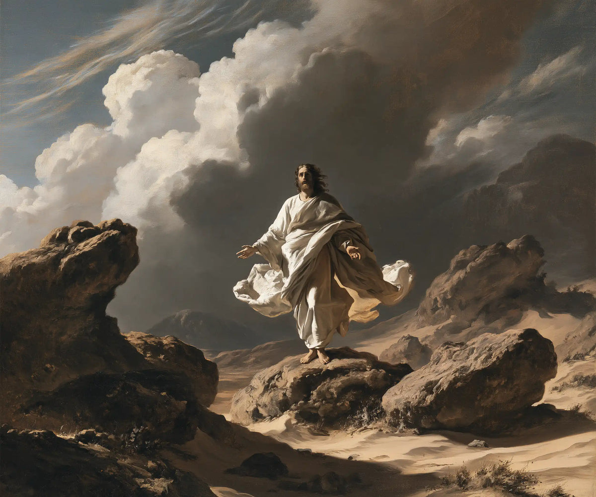 Jesus in the desert during the temptation in Theatrical Baroque style, landscape Christian artwork no. 1