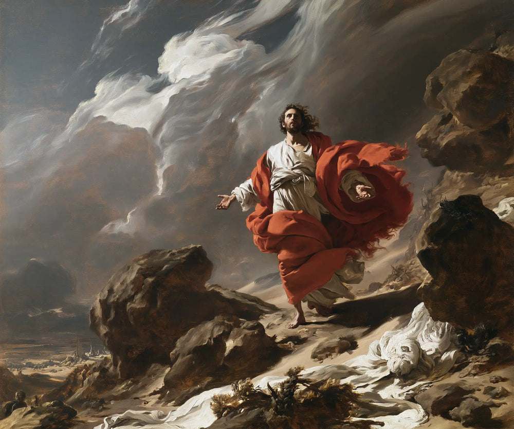 Jesus in the desert during the temptation in Theatrical Baroque style, landscape Christian artwork no. 3
