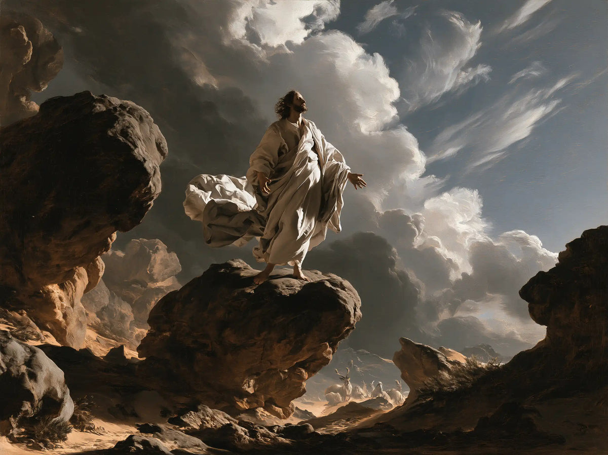 Jesus in the desert during the temptation in Theatrical Baroque style, landscape Christian artwork no. 12