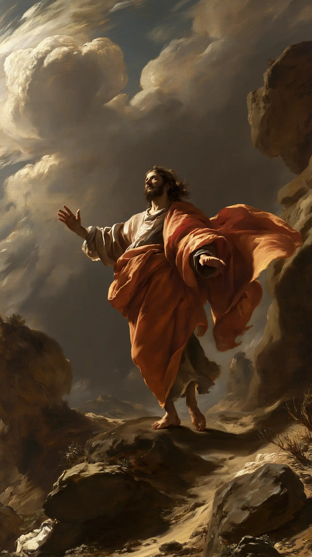 Jesus in the desert during the temptation in Theatrical Baroque style, portrait Christian artwork no. 25