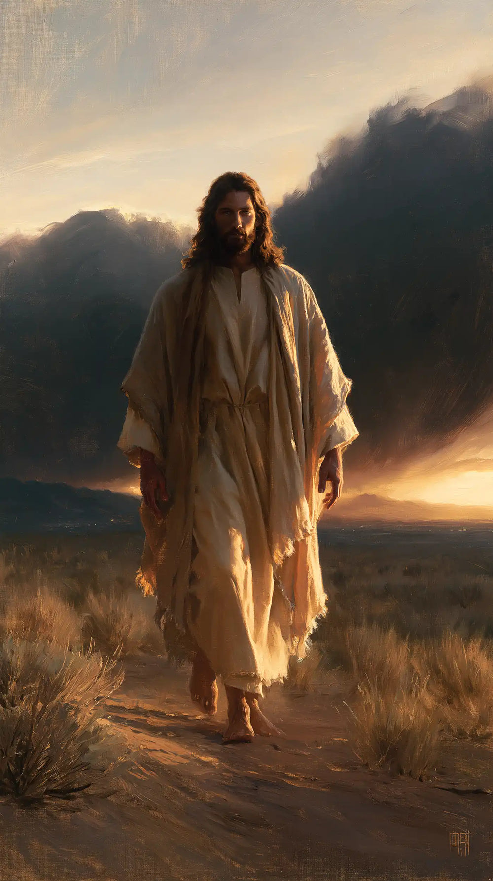 Jesus after his victory over temptation in the desert in Victory Over Temptation style, portrait Christian artwork no. 4