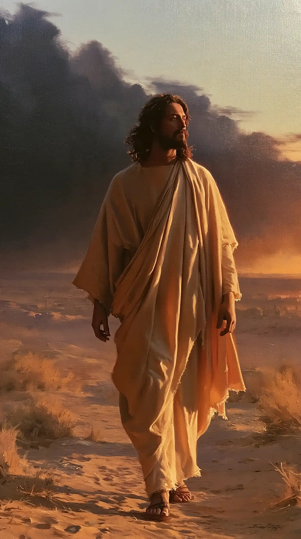Jesus after his victory over temptation in the desert in Victory Over Temptation style, portrait Christian artwork no. 14