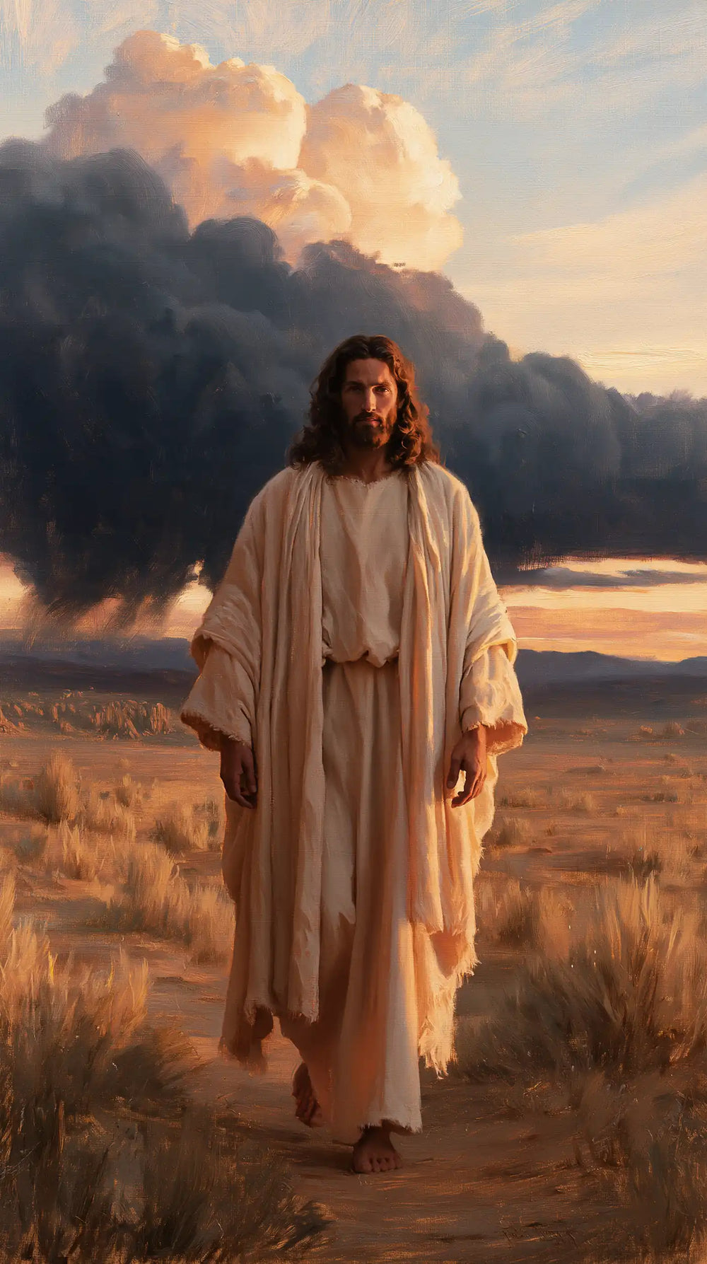 Jesus after his victory over temptation in the desert in Victory Over Temptation style, portrait Christian artwork no. 15