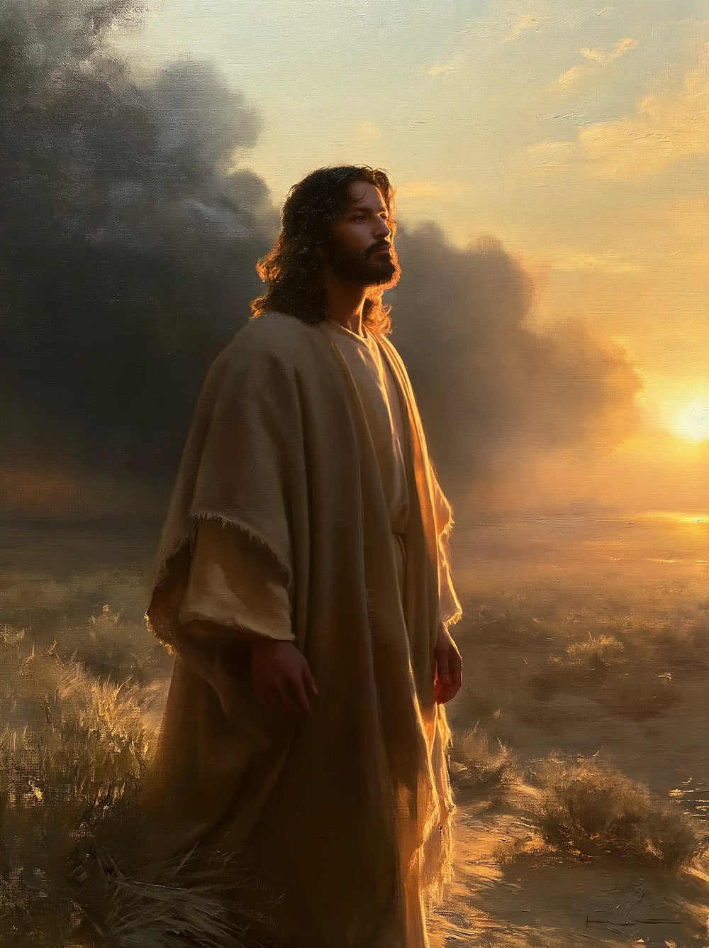Jesus after his victory over temptation in the desert in Victory Over Temptation style, portrait Christian artwork no. 32