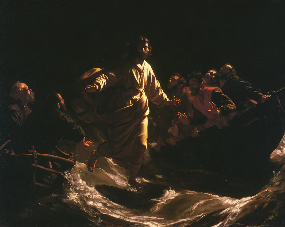 Jesus walking on water in Caravaggio Tenebrism style, landscape Christian artwork no. 2