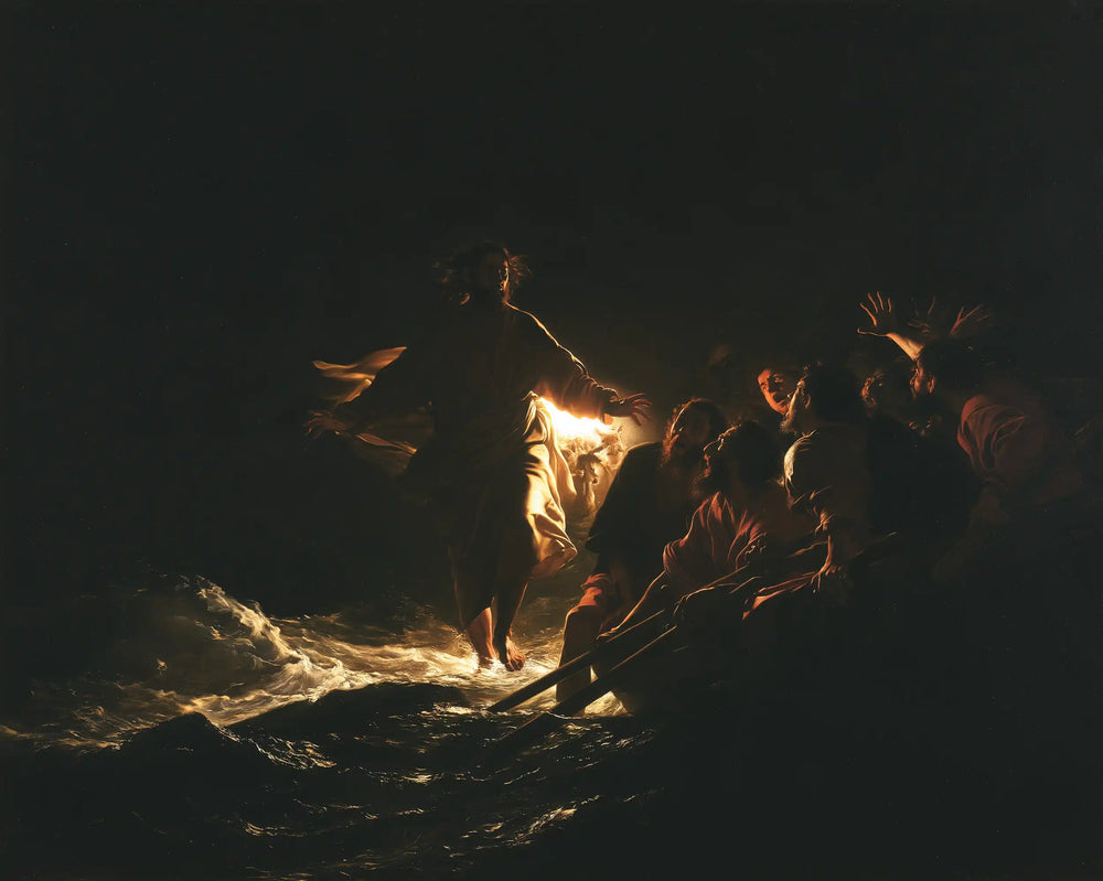 Jesus walking on water in Caravaggio Tenebrism style, landscape Christian artwork no. 3