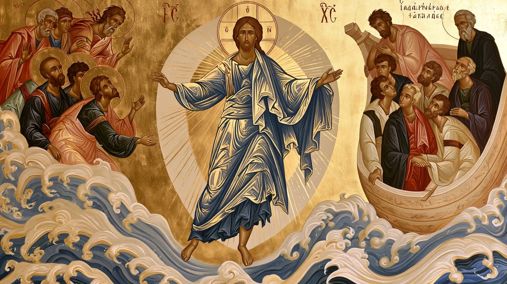 Jesus walking on water in Contemporary Byzantine style, landscape Christian artwork no. 11