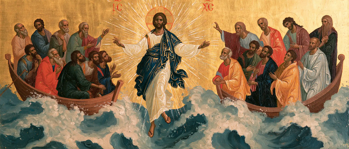 Jesus walking on water in Contemporary Byzantine style, landscape Christian artwork no. 17