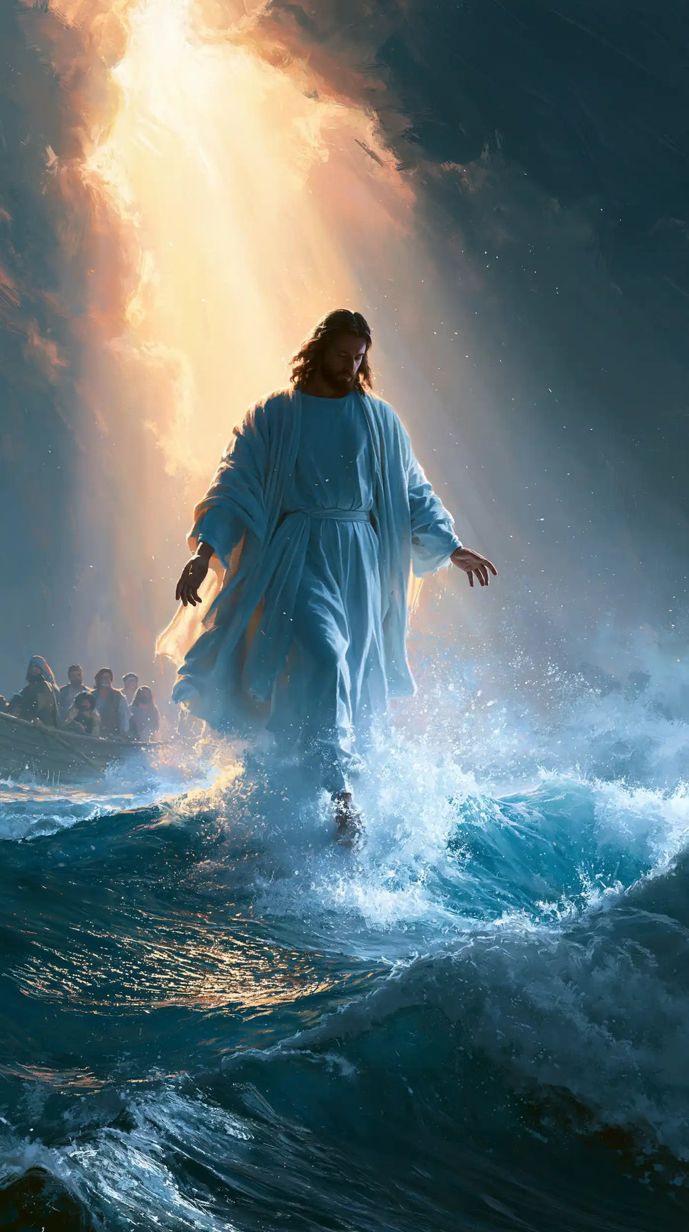 Jesus walking on water in Divine Light style, portrait Christian artwork no. 3