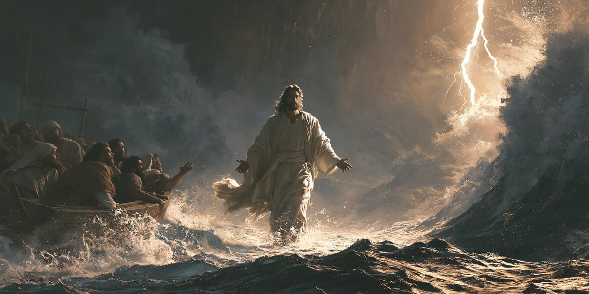 Jesus walking on water in Explosion of Movement style, landscape Christian artwork no. 18