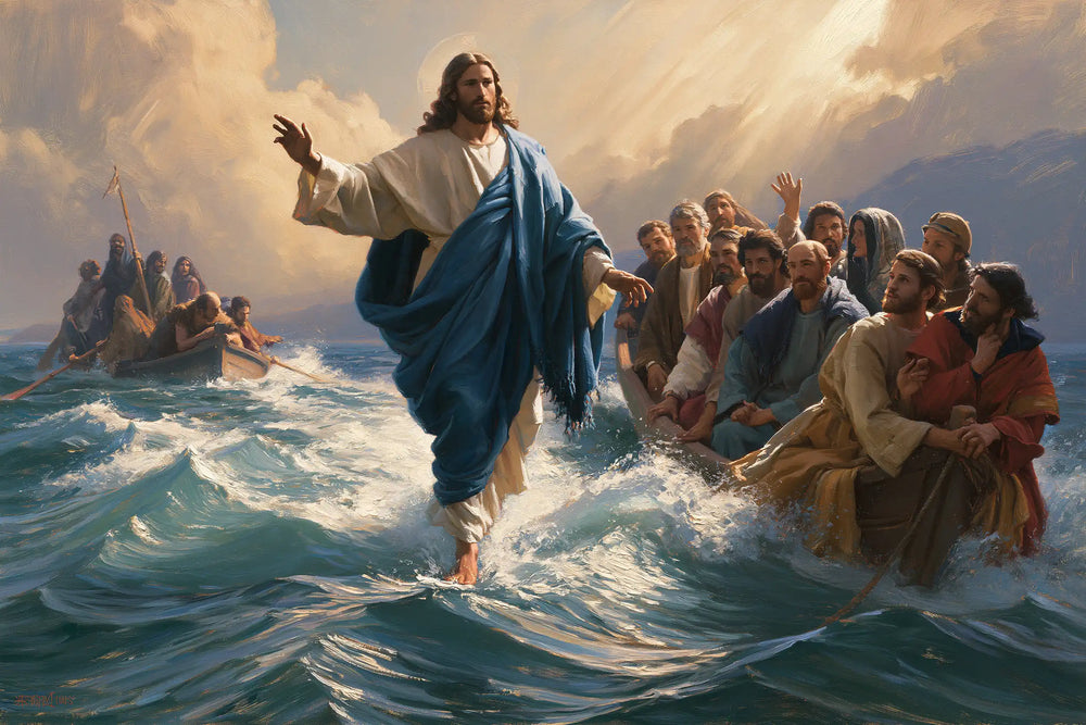 Jesus walking on water in Florentine Renaissance style, landscape Christian artwork no. 13