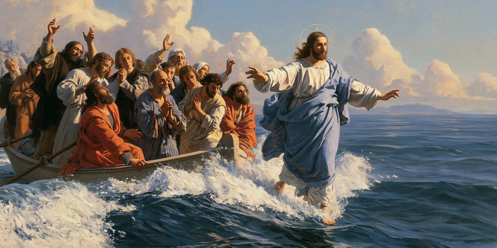 Jesus walking on water in Florentine Renaissance style, landscape Christian artwork no. 25