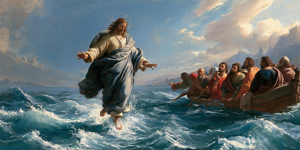 Jesus walking on water in Florentine Renaissance style, landscape Christian artwork no. 27