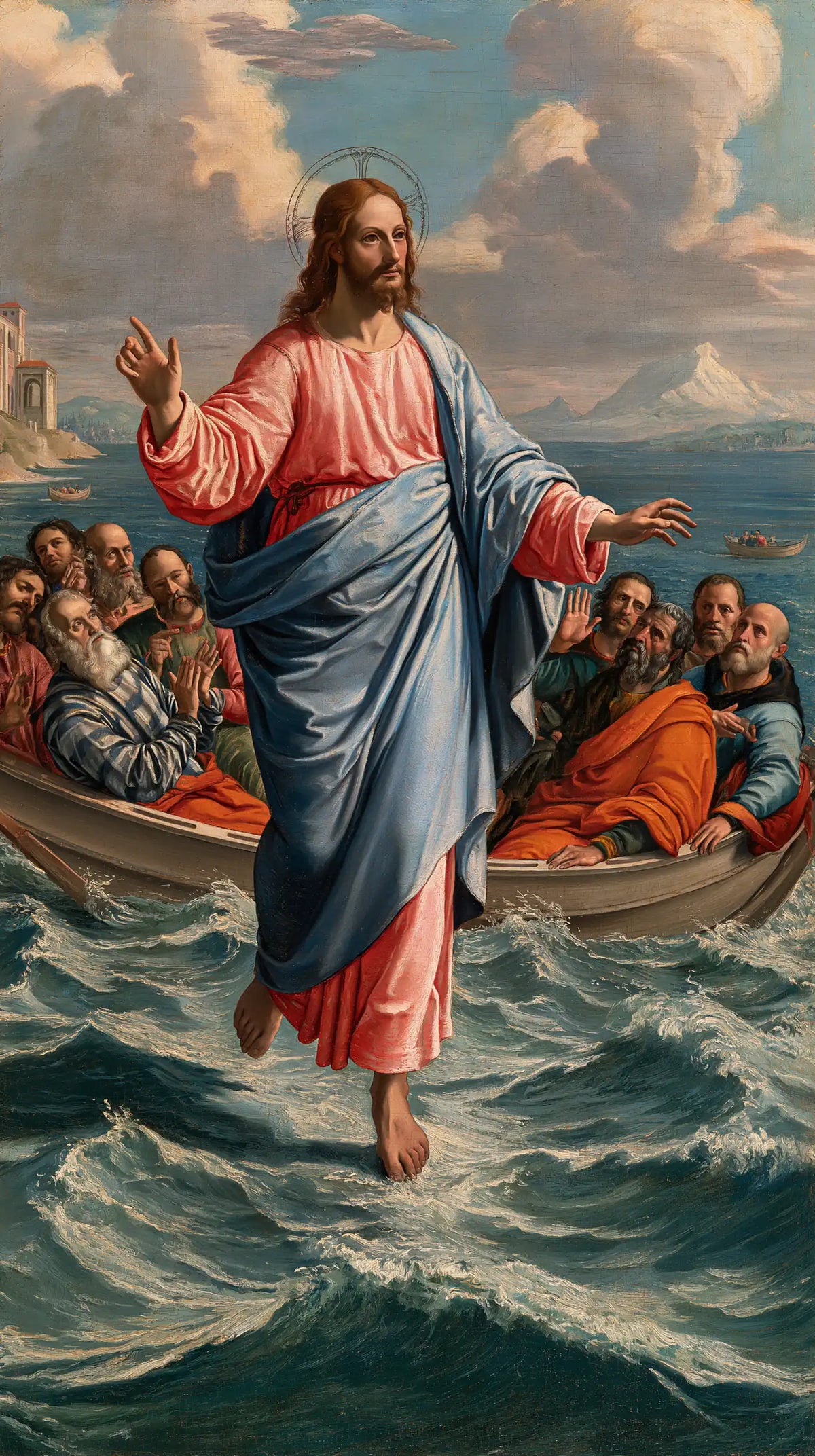 Jesus walking on water in Florentine Renaissance style, portrait Christian artwork no. 13