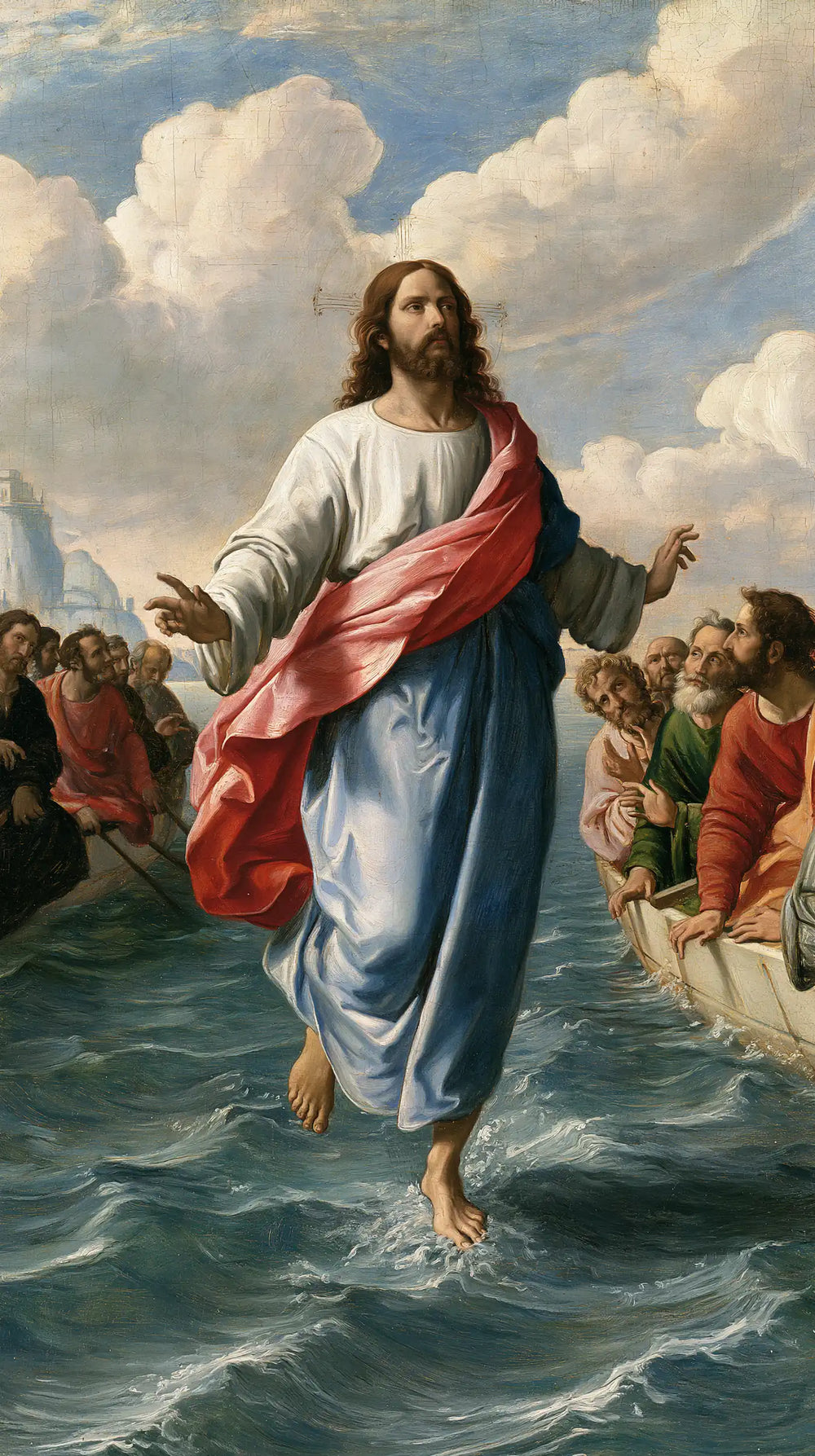 Jesus walking on water in Florentine Renaissance style, portrait Christian artwork no. 24